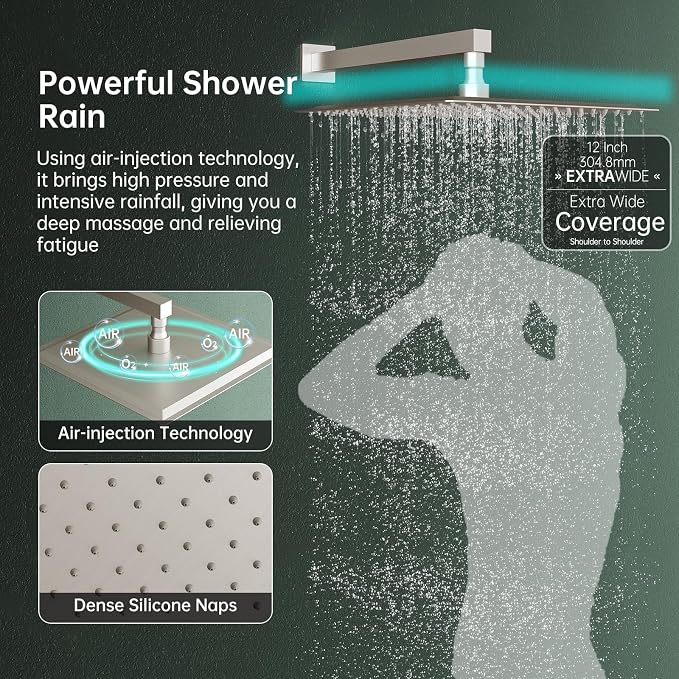 Hoimpro 12 Inch Rainfall Shower Faucet with 4 Full Body Shower Jet Fixtures Combo, Wall Mounted Shower System Set with Rain Mixer Shower Head and 2 in 1 Spray Handheld Showerhead, Brushed Nickel