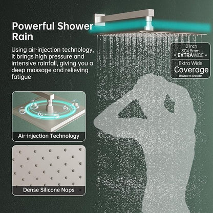 Hoimpro 12 Inch Rainfall Shower Faucet with 4 Full Body Shower Jet Fixtures Combo, Wall Mounted Shower System Set with Rain Mixer Shower Head and 2 in 1 Spray Handheld Showerhead, Brushed Nickel