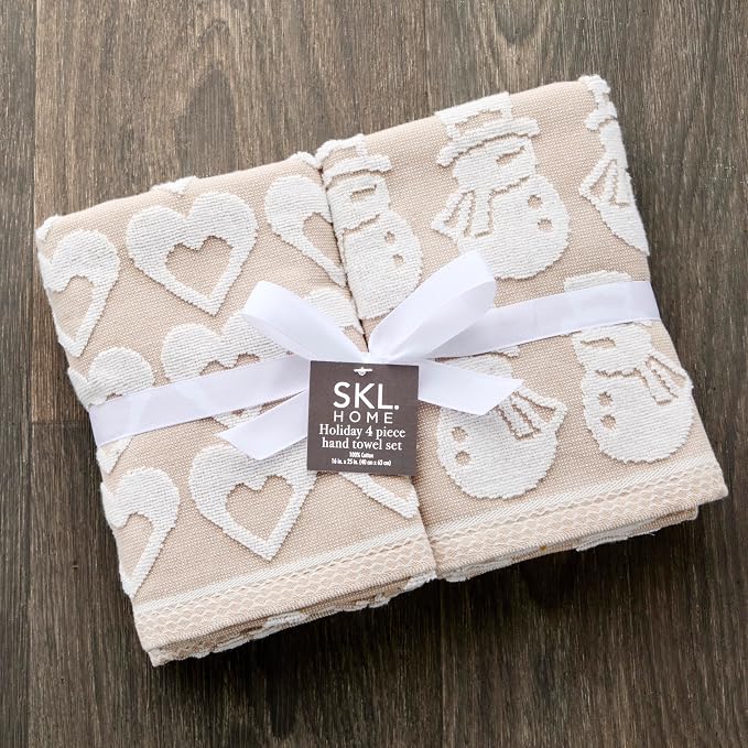 SKL Home Christmas/Winter Holiday Hand Towel Gift Set-4pc, Jacquard, Tan | 100% Cotton. Soft & reversible. For seasonal use in the bathroom, kitchen or bar for Valentine's Day/Halloween/Fall/Winter.