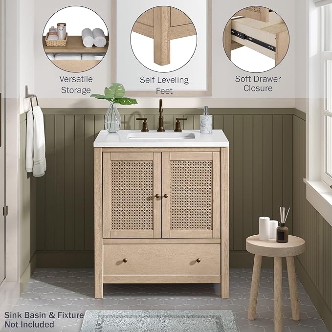 Alaterre Furniture Lucca Bathroom Vanity - Freestanding Cabinet Without Sink - 30 Inch Small Wood Bathroom Vanity with Large Drawer and Soft-Close Doors - Under Sink Cabinet Only (Natural)