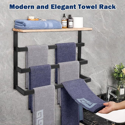 NearMoon Hanging Towel Rack for Bathroom, Thicken Metal Towel Holder with Wood Shelf, 3-Tier Towel Bar Storage, Wall Mounted Towel Hangers Bath Decor Organizer Accessories (24 Inch, Matte Black)