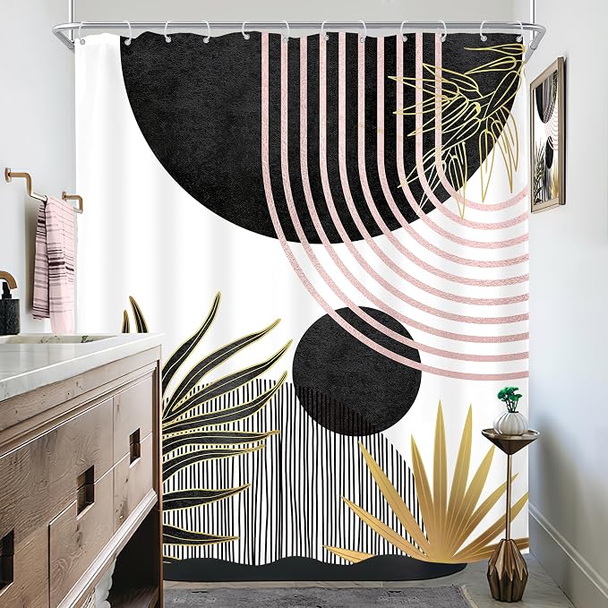 Mid Century Black Pink Boho Abstract Modern Bathroom Shower Curtain Set | 60Wx71L Sun Arch design, waterproof HD print with fast-drying fabric and 12 hooks.