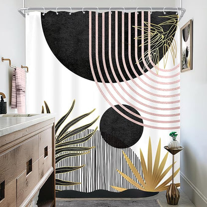 Mid Century Black Pink Boho Abstract Modern Bathroom Shower Curtain Set | 60Wx71L Sun Arch design, waterproof HD print with fast-drying fabric and 12 hooks.