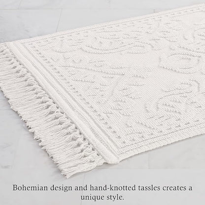 Jean Pierre - Ricardo Bath Mats, Set of 2 Woven Fringe Bathroom Rugs, 100% Cotton, Premium Bathroom Decor - Measures 17" x 31" and 21" x 41" - White