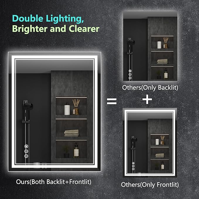 24x36 Inch Led Mirror for Bathroom with Front Light and Backlit, Bathroom Mirror with Led Lights, Vanity Mirror with Lights for Wall, Anti-Fog, Dimmable, Memory Function, Tempered Glass