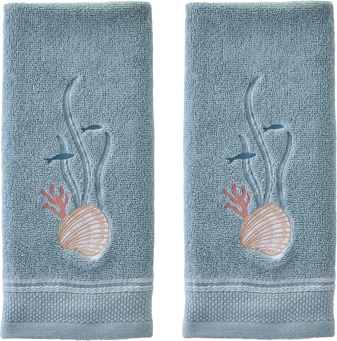 SKL Home Underwater Hand Towel Set-2pc, 100% Cotton, Embroidered, Blue | Soft, decorative velour. For use in the bathroom, kitchen or bar. Great for Airbnb, beach homes, coastal décor.