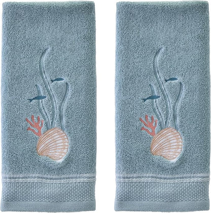 SKL Home Underwater Hand Towel Set-2pc, 100% Cotton, Embroidered, Blue | Soft, decorative velour. For use in the bathroom, kitchen or bar. Great for Airbnb, beach homes, coastal décor.