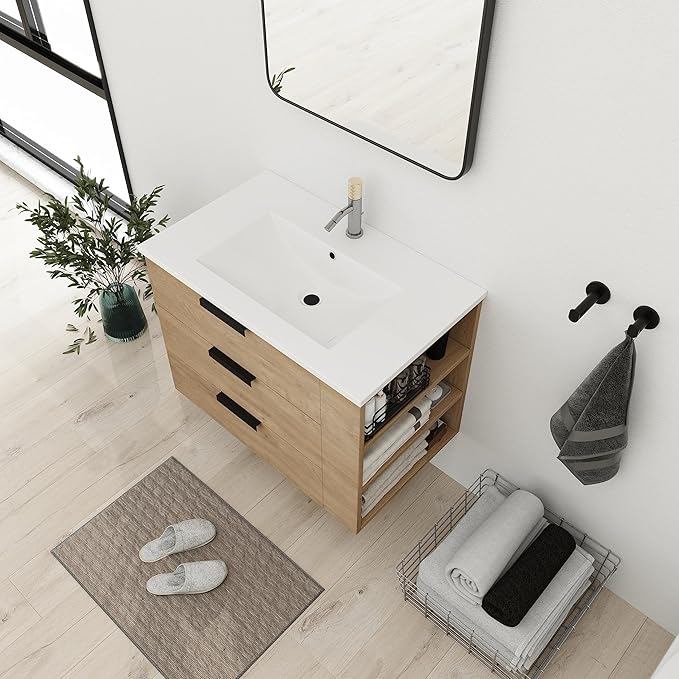 Bathroom Vanity with Sink 30 Inch, Single Sink Modern Bathroom Vanities Set, Wall-Mounted Bathroom Vanity, Floating Soft Close Door (IMO, 30 * 18)