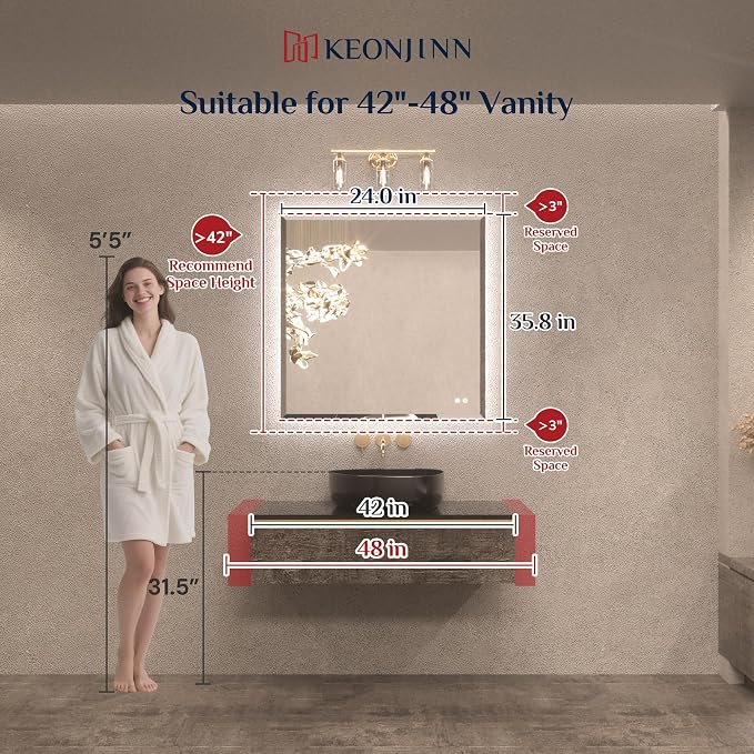 Keonjinn 36"x36" Square LED Mirror for Bathroom, HD Glass with Beveled Edge | Auto-OFF Defogging, Dimmable 3 Color Lights, Hardwired/Plug in, Effortless French Cleat Installation, Backlit Mirror Bathroom