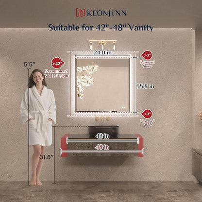 Keonjinn 36"x36" Square LED Mirror for Bathroom, HD Glass with Beveled Edge | Auto-OFF Defogging, Dimmable 3 Color Lights, Hardwired/Plug in, Effortless French Cleat Installation, Backlit Mirror Bathroom