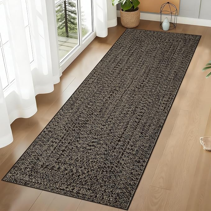 Printed Washable Runner Rug 2x8 Runners for Hallways Braided Pattern Non Slip Bath Mat Modern Soft Bedroom Rug Farmhouse Kitchen Rugs Entryway Rugs Stain Resistant Carpet 2'x8' Black/Brown