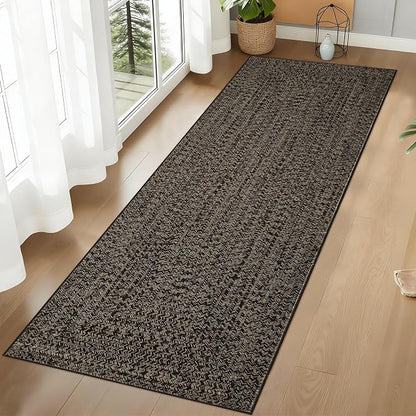 Printed Washable Runner Rug 2x8 Runners for Hallways Braided Pattern Non Slip Bath Mat Modern Soft Bedroom Rug Farmhouse Kitchen Rugs Entryway Rugs Stain Resistant Carpet 2'x8' Black/Brown