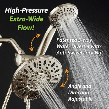 AquaDance 7" Premium High Pressure 3-way Rain & Handheld Shower Head Combo | Enjoy Dual 6-Setting Luxury Shower Heads Separately or Together for the Best of Both Worlds! Stainless Steel Hose - Nickel