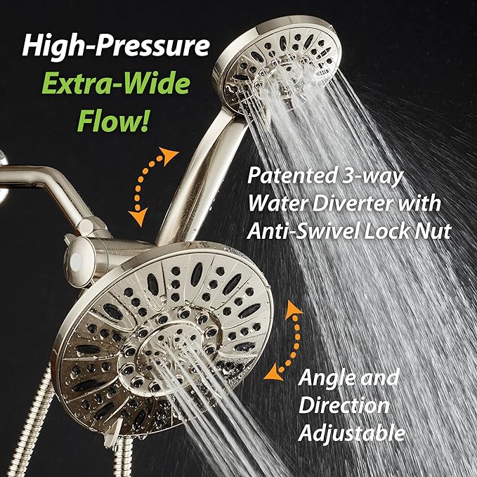 AquaDance 7" Premium High Pressure 3-way Rain & Handheld Shower Head Combo | Enjoy Dual 6-Setting Luxury Shower Heads Separately or Together for the Best of Both Worlds! Stainless Steel Hose - Nickel