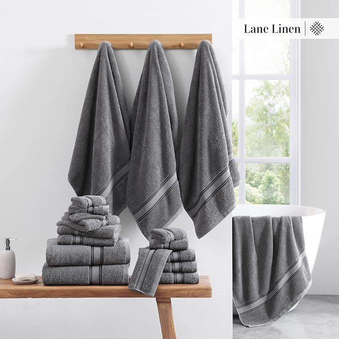 LANE LINEN Bathroom Towel Set 3 Piece Soft Absorbent Quick Dry - Cool Grey | Pack Of Towels - Coordinated Colors, Dobby Border Accent, OEKO-TEX Certified, Zero-Twist Durability, Zero-Twist Cotton