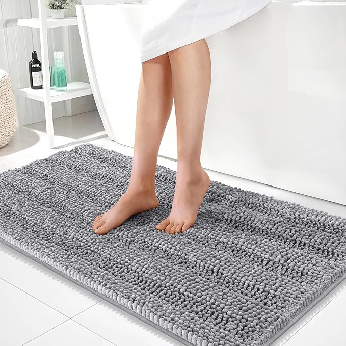 OLANLY Thick Bathroom Runner Rugs 44x24, Soft Chenille Long Bath Rugs, Grey | Absorbent Striped, Rubber Backing, Machine Wash, Bath Mats for Bathroom Floor, Tub and Shower, Home Decor Accessories