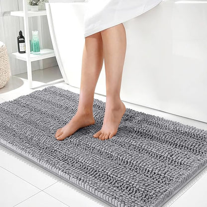 OLANLY Thick Bathroom Runner Rugs 44x24, Soft Chenille Long Bath Rugs, Grey | Absorbent Striped, Rubber Backing, Machine Wash, Bath Mats for Bathroom Floor, Tub and Shower, Home Decor Accessories