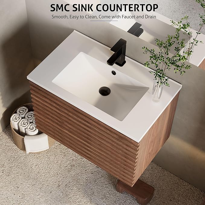 eclife 30" Floating Bathroom Vanity with Sink Combo Mid-Century Wall Mounted Cabinet with Wood Stripes Decor, Drawers, Undermount Single Sink, Faucet, Drain, Cocoa Brown