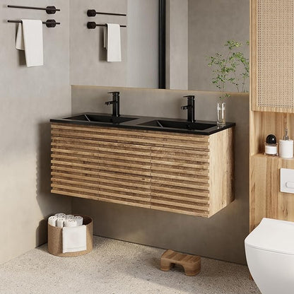 eclife 48" Floating Bathroom Vanity with Sink Combo, Mid-Century Wall Mounted Cabinet with Wood Stripes Decor, Drawers, Undermount Double Black Sink, Faucet, Drain, Light Walnut