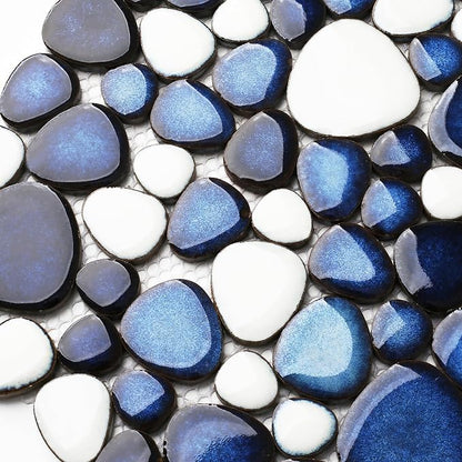 Pebble Ceramic Tiles 5 Sheets, Heart-Shaped 12x12 Floor Tile Ceramic, Dark Blue Mosaic Tiles Mesh Mounted, Waterproof Porcelain Tile Decorative for Kitchen Bath Backsplash Shower Floor Pool