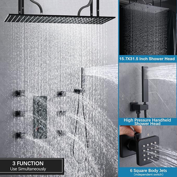 Matte Black Shower System 16 Inches Ceiling Mount Full Body Shower Faucet Set Brass Thermostatic Massage Shower with On/Off Body Jets and Handheld Can Run All At Once