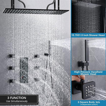 Matte Black Shower System 16 Inches Ceiling Mount Full Body Shower Faucet Set Brass Thermostatic Massage Shower with On/Off Body Jets and Handheld Can Run All At Once
