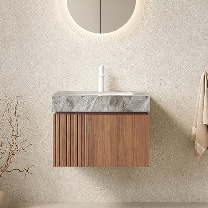 KEIKI 24 Inch Floating Bathroom Vanity with Sink, Brown Oak & Grey | Modern Wall Mounted Storage Cabinet with 2 Doors, Pre-assembled Wood Panels, Sintered Stone Top & Ceramic Basin Combo Set