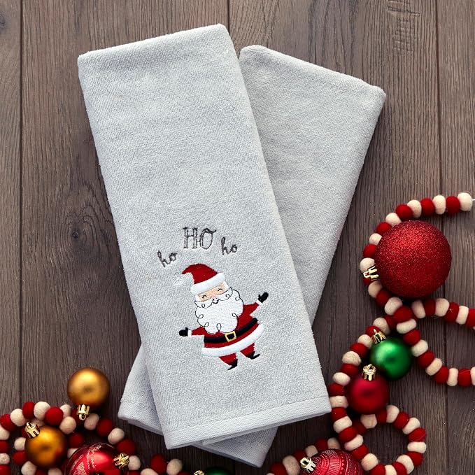 SKL Home Christmas Santa Hand Towel Set-2pc, 100% Cotton, Gray | Soft, embroidered velour. Great for the bathroom, kitchen or bar & holiday gifting.