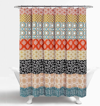 Lush Decor Bohemian Stripe Shower Curtain 72" W x 72" L Turquoise & Orange - Bathroom Curtain - Striped Shower Curtain - Boho Decor - Fabric Shower Curtains