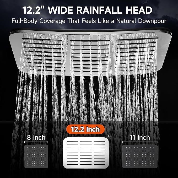 XXL 12.2" Rain Shower Head with Handheld Spray, High Pressure Combo | Height adjustable dual shower system with rainfall showerhead and handheld spray for bathroom upgrades and easy rinsing.