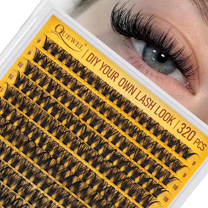 QUEWEL Lash Clusters 320Pcs 50D D Curl Lash Cluster Eyelash Extensions | Cluster Lashes Mix9-16mm Individual Eyelashes Clusters Wispy Lash Clusters Thin Band Soft to Use at Home(50D D Mix9-16)