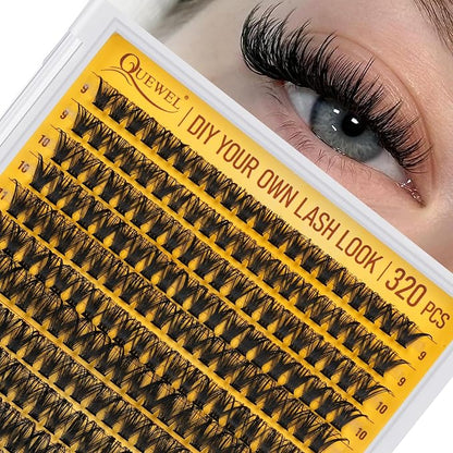 QUEWEL Lash Clusters 320Pcs 50D D Curl Lash Cluster Eyelash Extensions | Cluster Lashes Mix9-16mm Individual Eyelashes Clusters Wispy Lash Clusters Thin Band Soft to Use at Home(50D D Mix9-16)