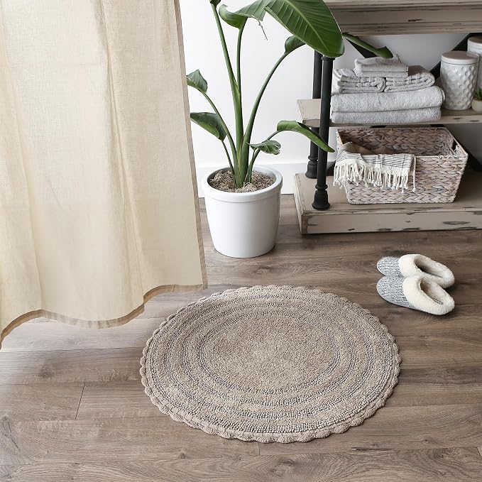 DII Crochet Collection Reversible Bath Mat, Round, 27.5" Diameter, Stone