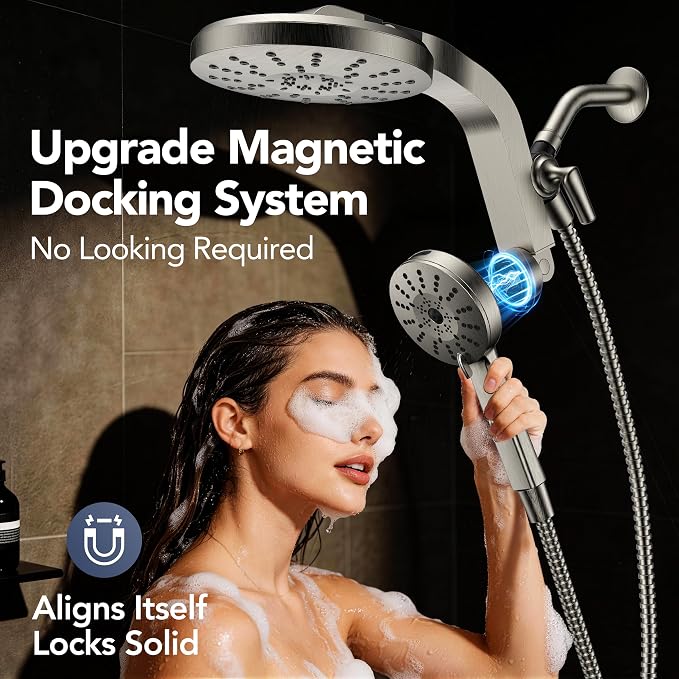 High Pressure Rain Showerhead Combo, Magnetic Shower Head Set with Detachable 8-Mode Handheld Shower Spray, Adjustable Angle Dual Showerhead with Built-in Magnetic Docking, Power Jets Brushed Nickel
