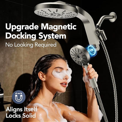 High Pressure Rain Showerhead Combo, Magnetic Shower Head Set with Detachable 8-Mode Handheld Shower Spray, Adjustable Angle Dual Showerhead with Built-in Magnetic Docking, Power Jets Brushed Nickel