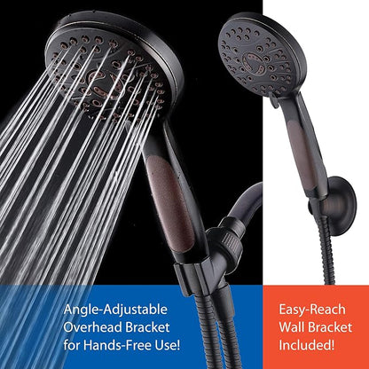 High Pressure 6-setting Luxury Handheld Shower Head, 6 Foot Stainless Steel Hose, Anti Clog Jets, Anti Slip Grip, Top US Brand, Includes Extra Wall Bracket - Oil Rubbed Bronze Finish