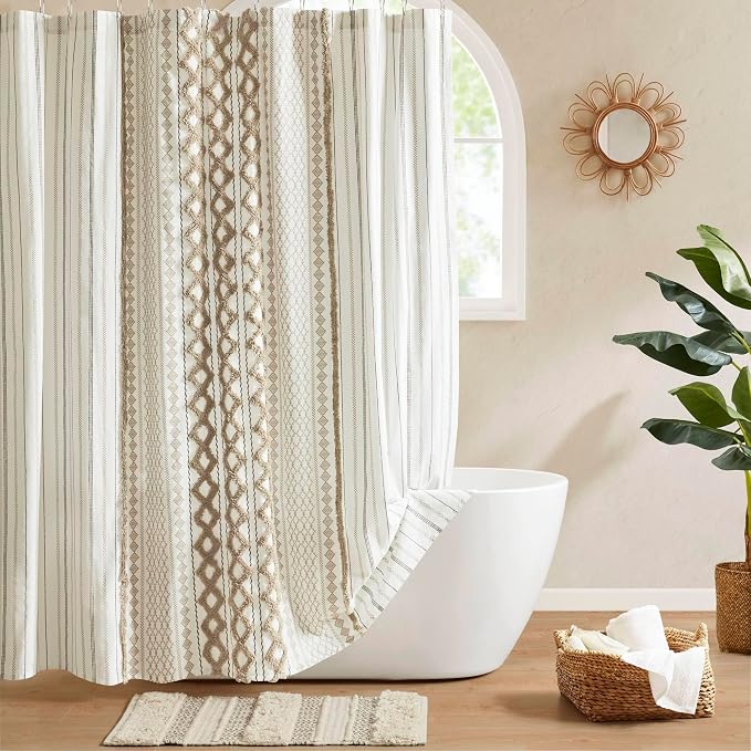 INK+IVY Extra Long Cotton Shower Curtain for Bathroom, Neutral, 72 x 84 | Machine Washable, Boho Tufted Chenille Modern Home Bathroom Decor, Bathtub Privacy Screen, OEKO-TEX Certified