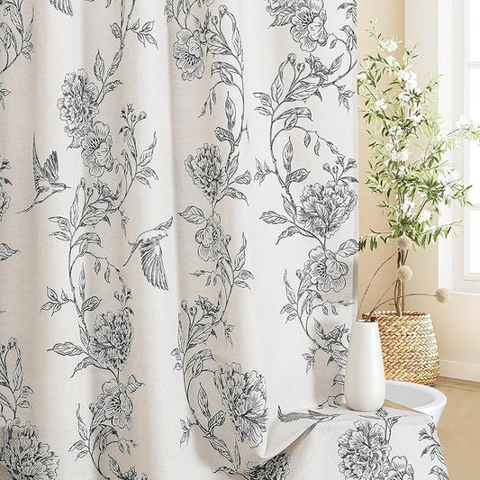 MitoVilla Black Farmhouse Shower Curtain Set, Cotton Floral Hummingbird Cottagecore Spring Shower Curtains for Bathroom, Modern Country Bathroom Décor, 72" W x 72" L