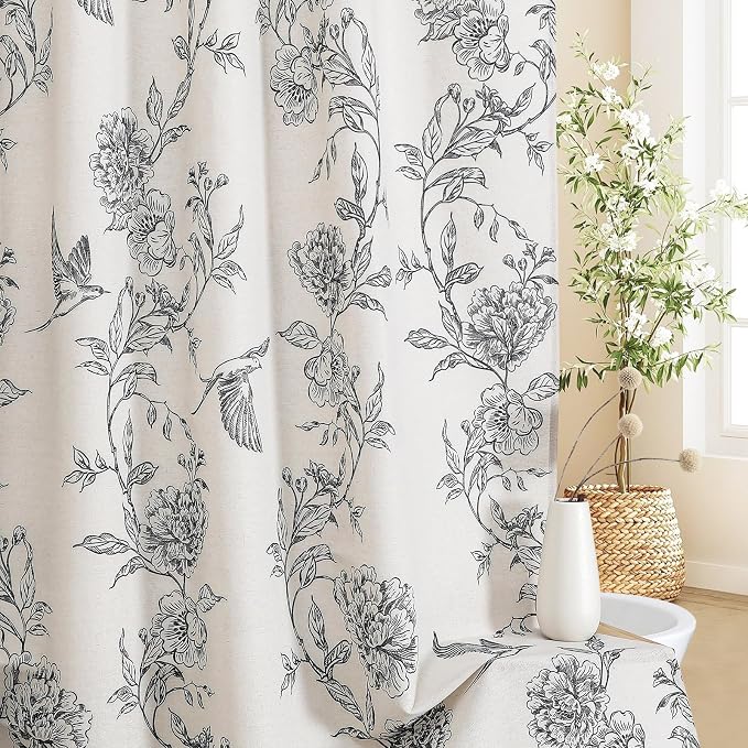 MitoVilla Extra Long Black Cotton Shower Curtain for Bathroom,72 x 84 | Extra Long BoHo Cottagecore Hummingbird Spring Shower Curtains, Modern Farmhouse Country Floral Bathroom Décor, 72 x 84