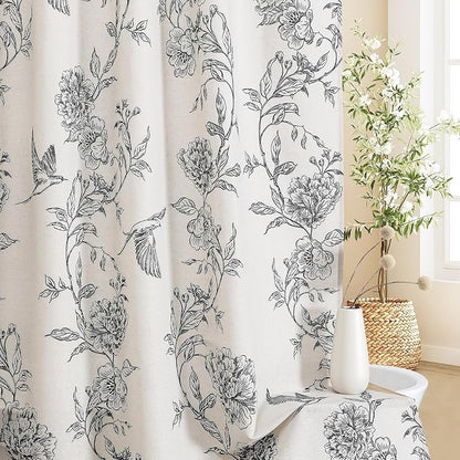 MitoVilla Extra Long Black Cotton Shower Curtain for Bathroom,72 x 84 | Extra Long BoHo Cottagecore Hummingbird Spring Shower Curtains, Modern Farmhouse Country Floral Bathroom Décor, 72 x 84