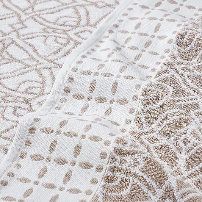 Modern Threads Monroe 6-Piece 100% Cotton Towel Set – Reversible Yarn Dyed Jacquard & Solid – Includes 2 Bath Towels, 2 Hand Towels, 2 Washcloths – Absorbent, Quick Dry, Soft & Durable – Light Brown