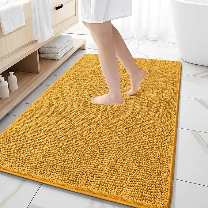 OLANLY Large Bathroom Rugs 59x35, Extra Soft Absorbent Chenille Bath Rugs | Golden Yellow, Quick-Drying Rubber Backing, Washable Bath Mat for Bathroom Floor, Tub and Shower, Home Decor Accessories