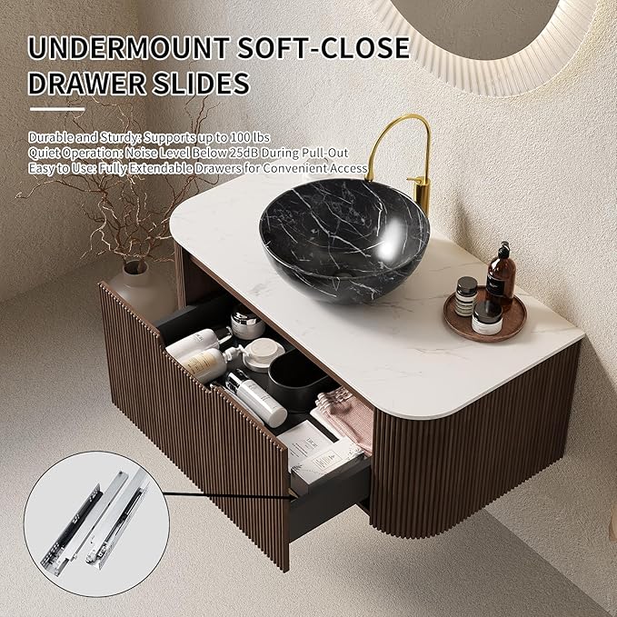 Yayzy 60" Floating Bathroom Vanity with Sink, Solid Wood Fluted Cabinet, White Marble-Patterned Ceramic Basin & Faux Marble Top, Soft-Close Drawer, Pre-Assembled, Walnut Woodgrain