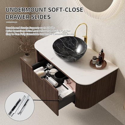 Yayzy 48" Floating Bathroom Vanity with Sink, Solid Wood Fluted Cabinet, White Marble-Patterned Ceramic Basin & Faux Marble Top, Soft-Close Drawer, Pre-Assembled, Walnut Woodgrain