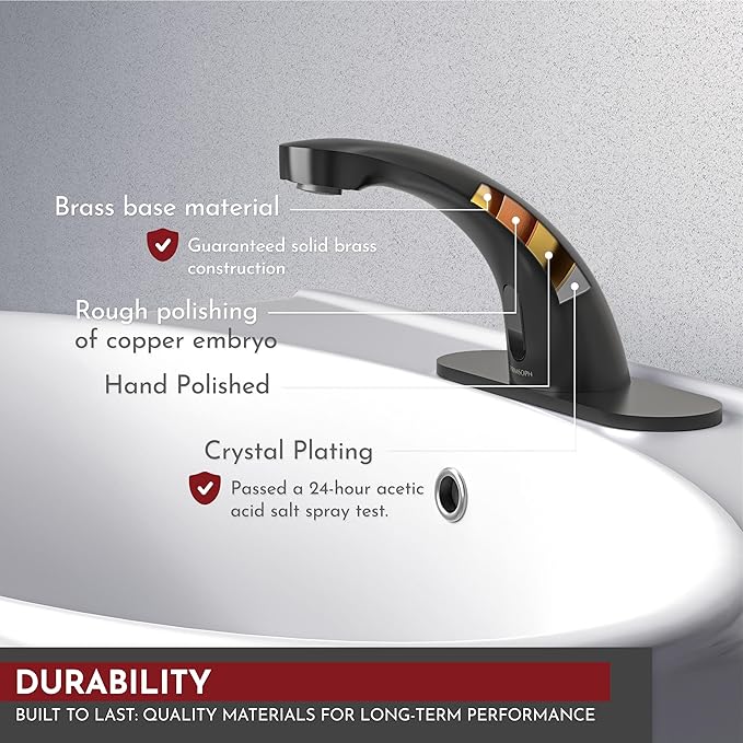 PRIMSOPH Automatic Motion Sensor Hands Free Electronic Infrared Smart Commercial Touchless Bathroom Sink Faucet with Cover Plate Temperature Mixer Battery or Plug-in Powered Matte Black