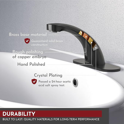 PRIMSOPH Automatic Motion Sensor Hands Free Electronic Infrared Smart Commercial Touchless Bathroom Sink Faucet with Cover Plate Temperature Mixer Battery or Plug-in Powered Matte Black