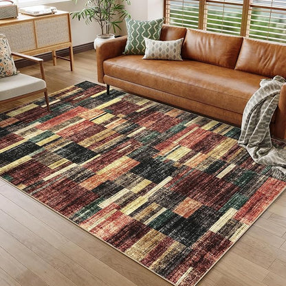 Washable Area Rug 9x12 Rug for Living Room Geometric Modern Bedroom Rug Red Large Area Rug Non Slip Throw Rugs Soft Low Pile Stain Resistant Carpet for Dorm Nursery Dining Room 9'x12'