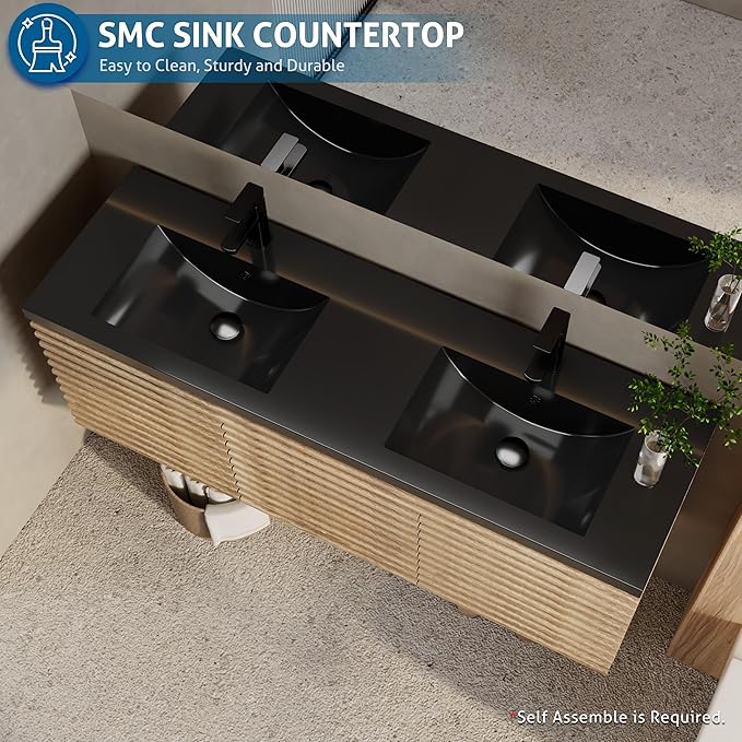 eclife 60" Floating Bathroom Vanity with Sink Combo, Mid-Century Wall Mounted Cabinet with Wood Stripes Decor, Drawers, Undermount Double Black Sink, Faucet, Drain, Light Walnut