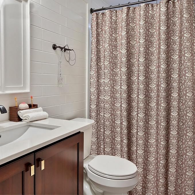 MUGINYU Camel Shower Curtain Vintage Floral Block Print - 72x72 Inches,Cotton Blend Cloth Fabric,Neutral Farmhouse Decorative French Country Bathroom Decor, Cottagecore Aesthetic Pattern