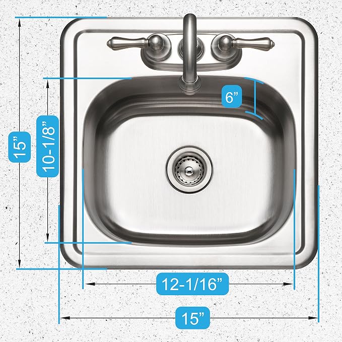 Houzer Hospitality Stainless Steel Bar & Prep Sink: 15 Inch Drop-In Topmount 2-Hole Sink for Bar & Kitchen, Durable & Versatile, Essential for Home & Apartment: 1515-6BS-1